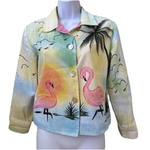 VTG Alex Kim Yellow Flamingo Lined Coat art to wear Jacket‎ Sz SP Beach Preppy